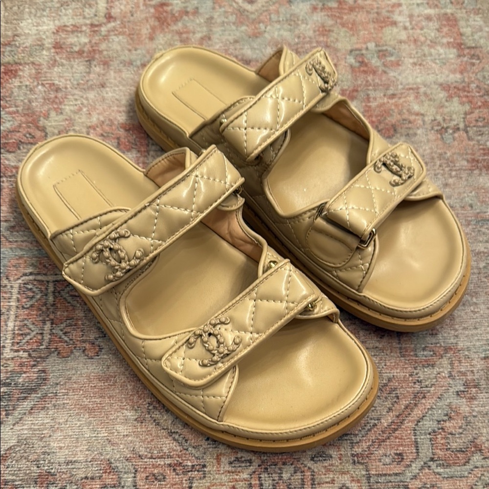 Beige Quilted Slide Sandals